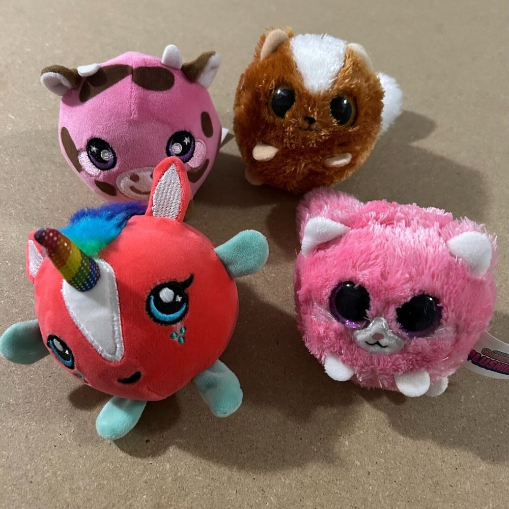 Lot Squeezamals, Squishee Plushies Unicorn, Cat, Pink Cow, Chipmunk Plush Bundle